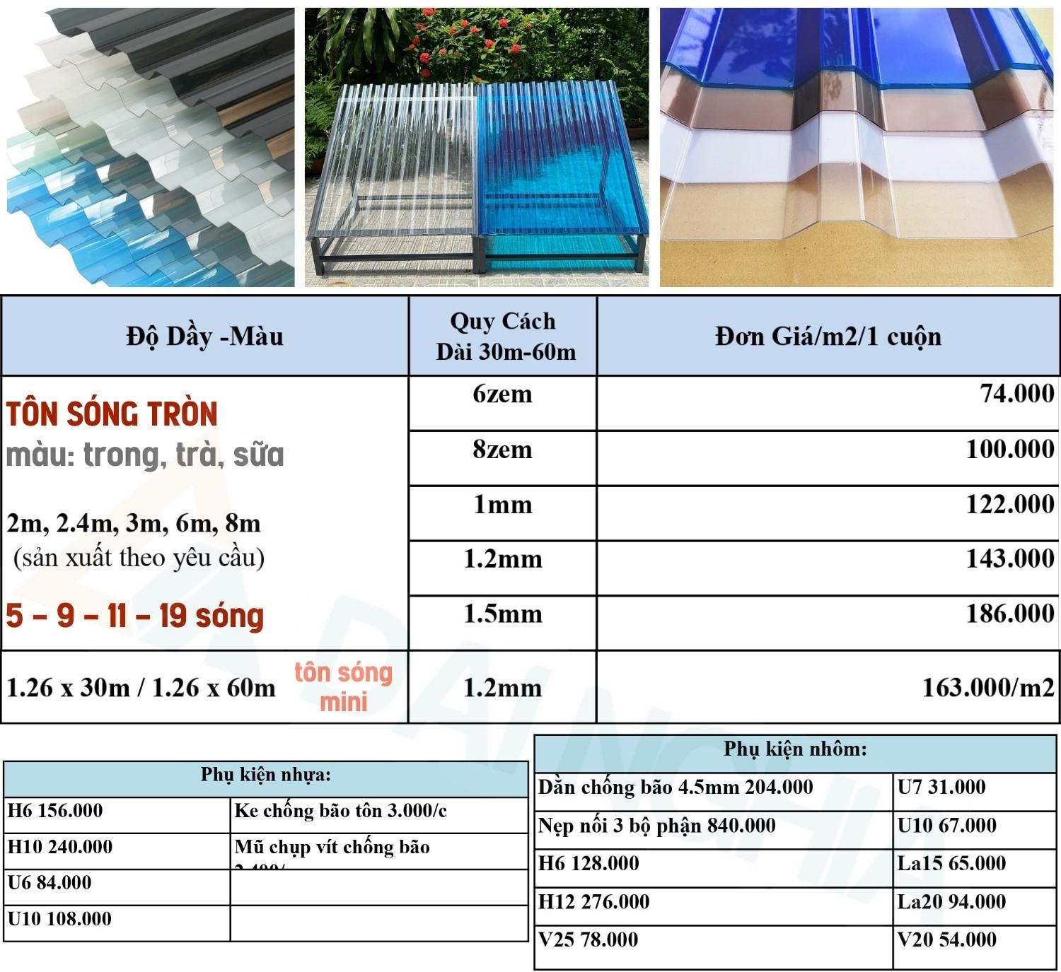 Bảng báo giá Tấm Poly Sóng và phụ kiện