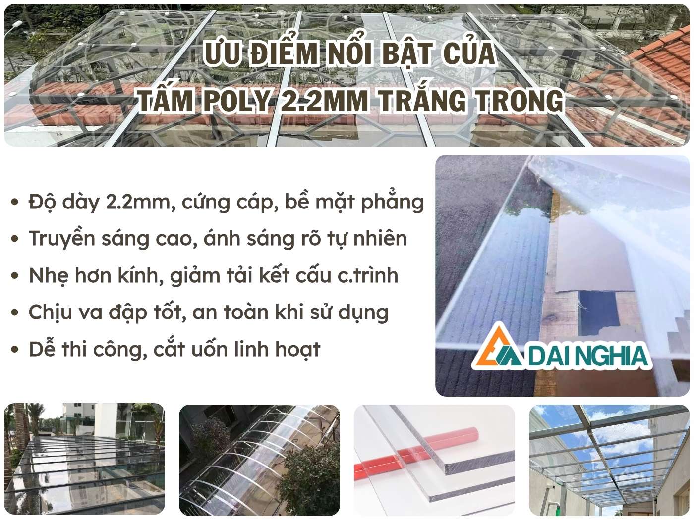Tấm Poly đặc 2.2mm trắng trong có ưu điểm gì nổi bật?
