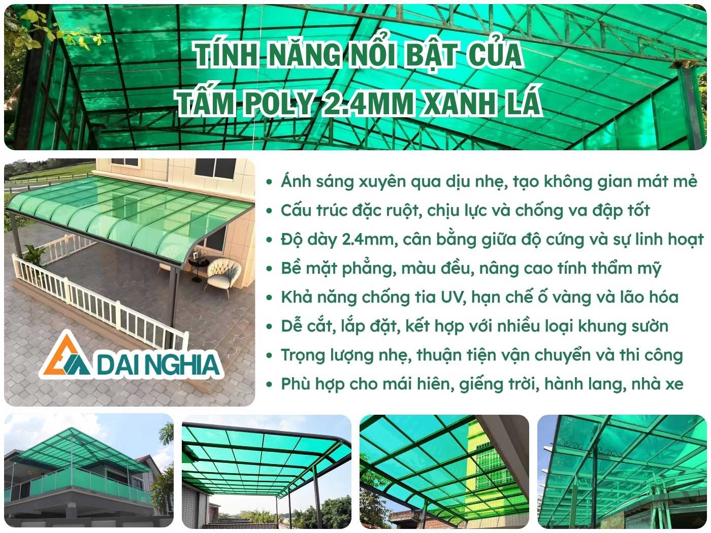Tính năng nổi bật của tấm Poly đặc 2.4mm xanh lá là gì?