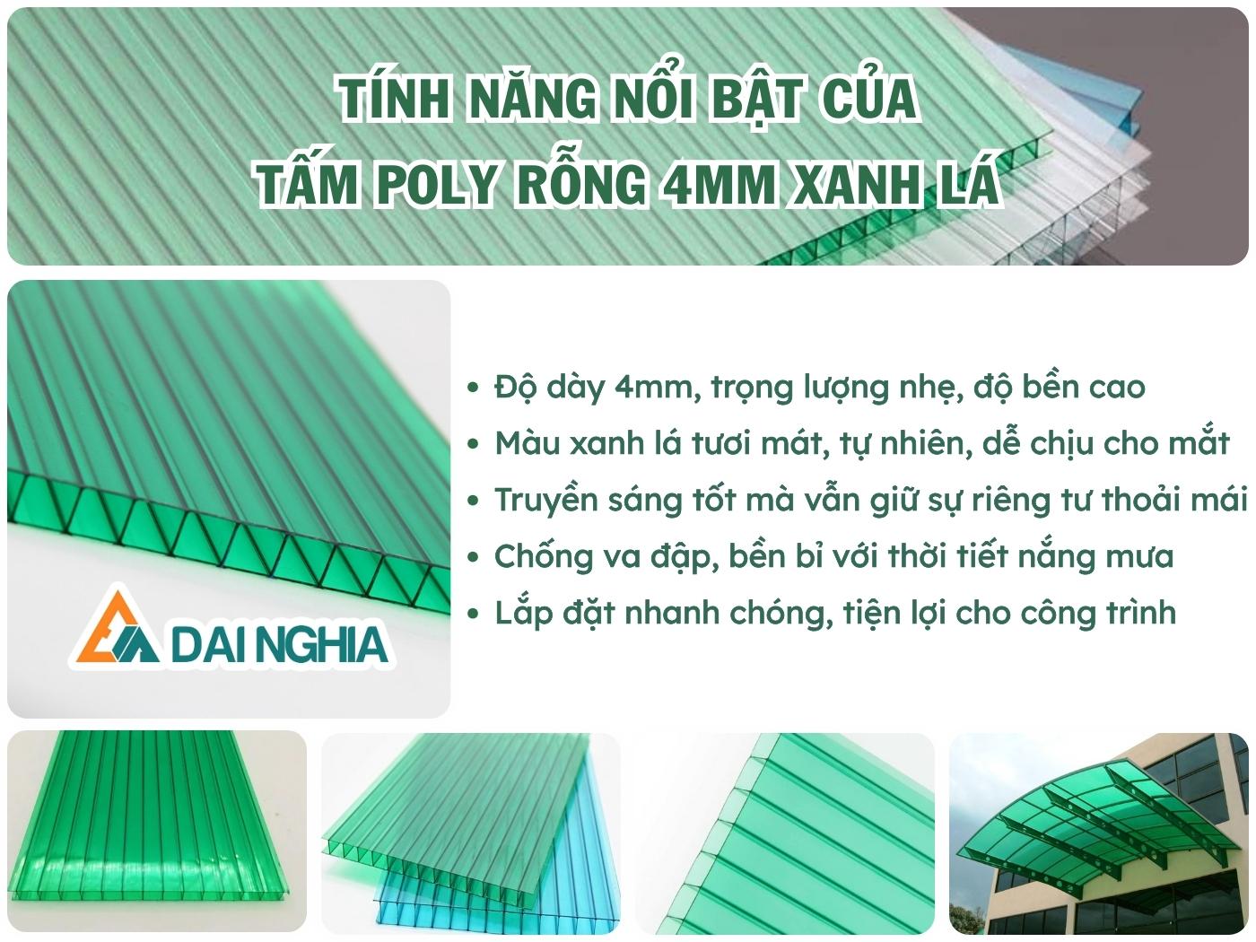 Tính năng nổi bật của tấm Poly rỗng 4mm xanh lá?