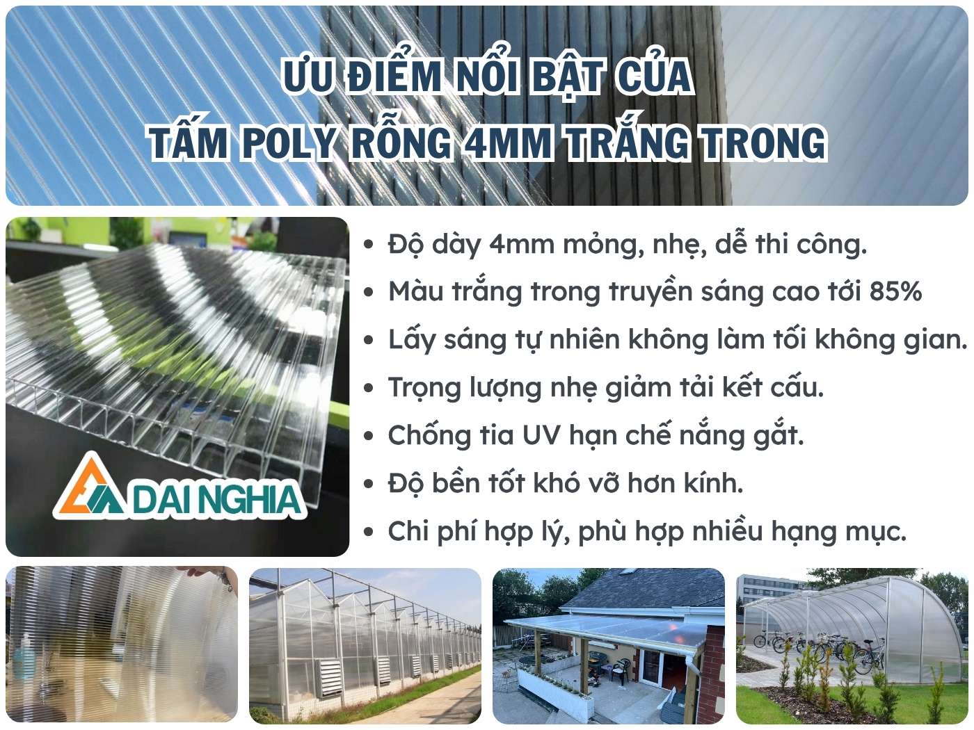 Ưu điểm nổi bật của tấm Poly rỗng 4mm trắng trong