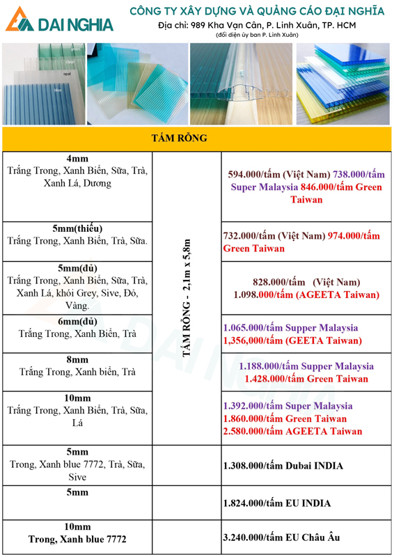 Bảng giá chi tiết tấm Poly rỗng ruột 2026