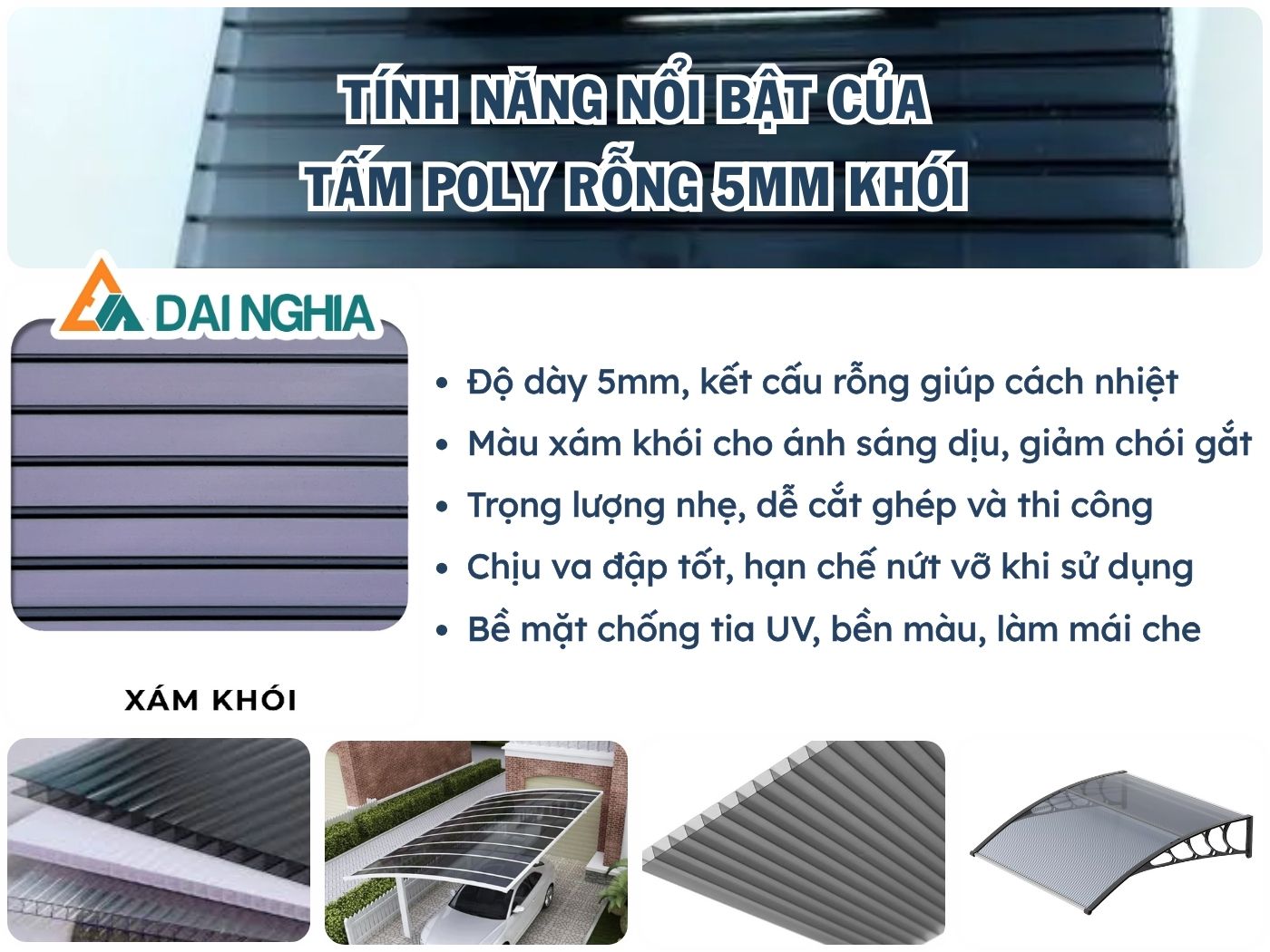 Tính năng nổi bật của tấm Poly rỗng 5mm khói